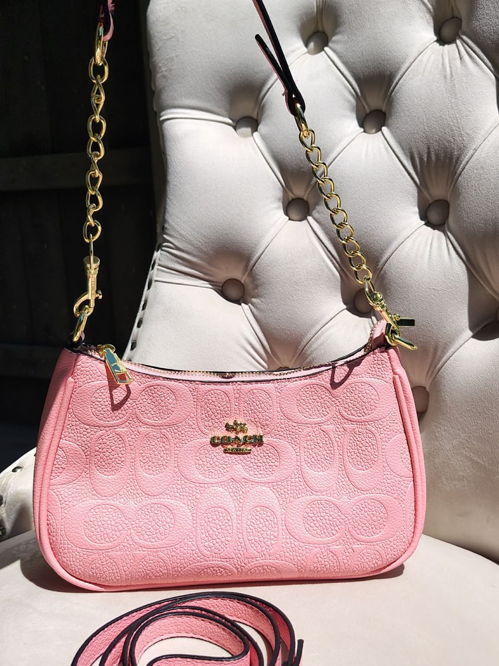 Luxury Pink Embossed Leather Shoulder Bag with Gold Chain